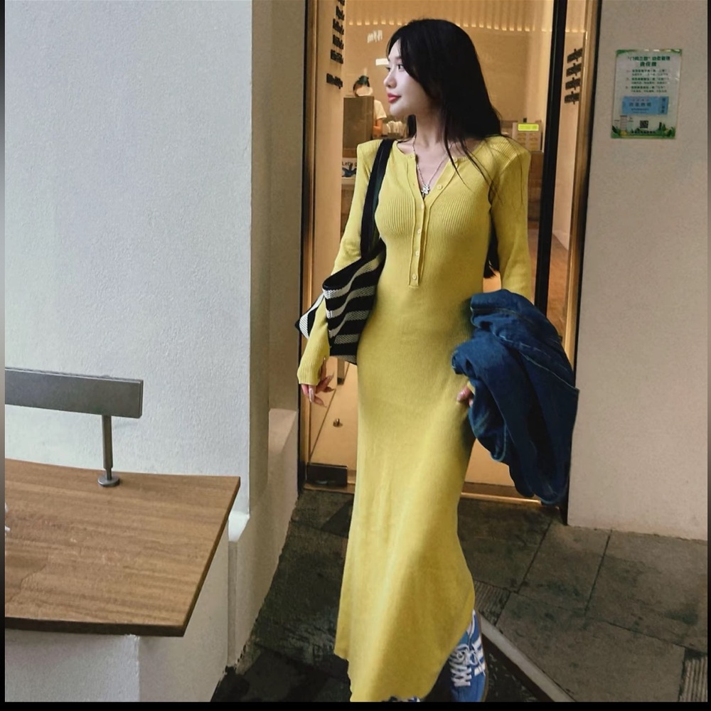 Yellow Ribbed Knit Dress - Picture 3 of 4